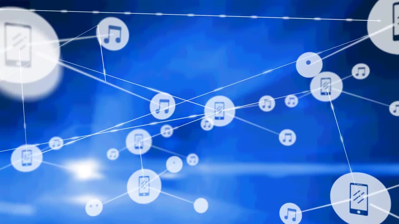 파란색 배경에 빛의 반점에 대한 디지털 아이콘의 네트워크