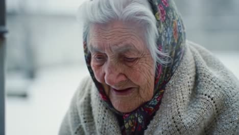 an elderly woman with heartwarming expression, covered in a colorful scarf and beautifully knitted shawl, captured in a serene snowy landscape