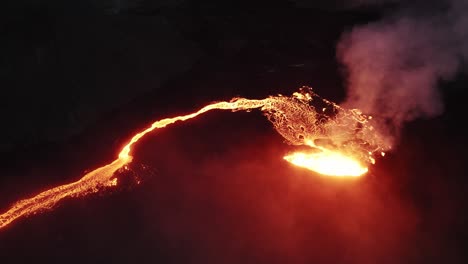 counter-clockwise-high-angle-drone-shot-of-the-litli-hrutur-volcano-in-iceland-during-the-night-with-smoke