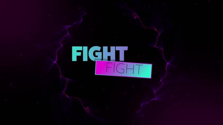 Animazione del testo "Fight" in lettere rosa e blu su un'esplosione di scie luminose viola.