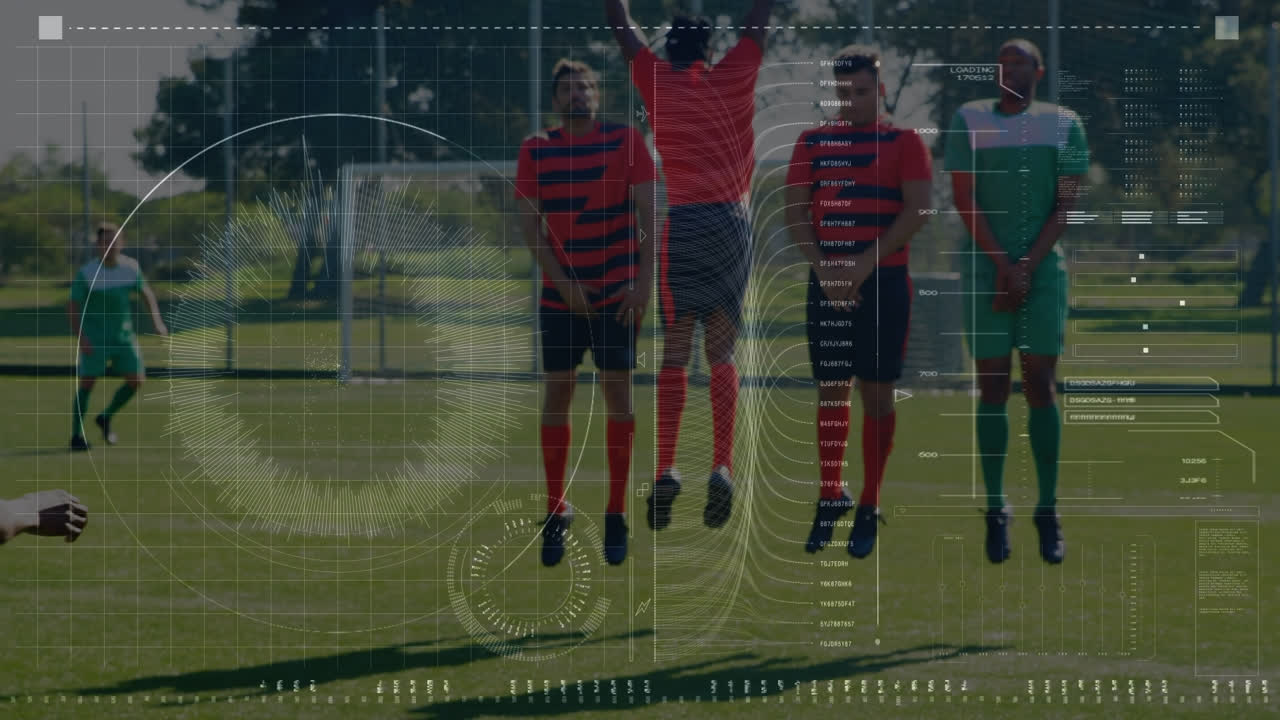배경에서 다양한 축구 선수에 대한 데이터 처리의 애니메이션