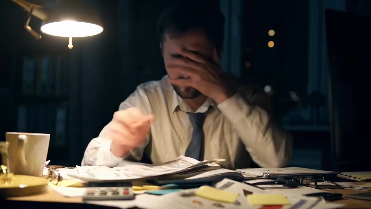 Stressed Businessman Overwhelmed by Paperwork Working Late at Night