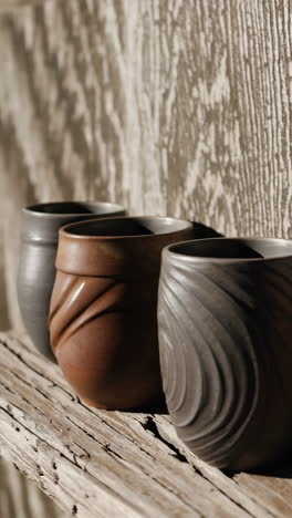 rustic ceramic mugs on a wooden shelf