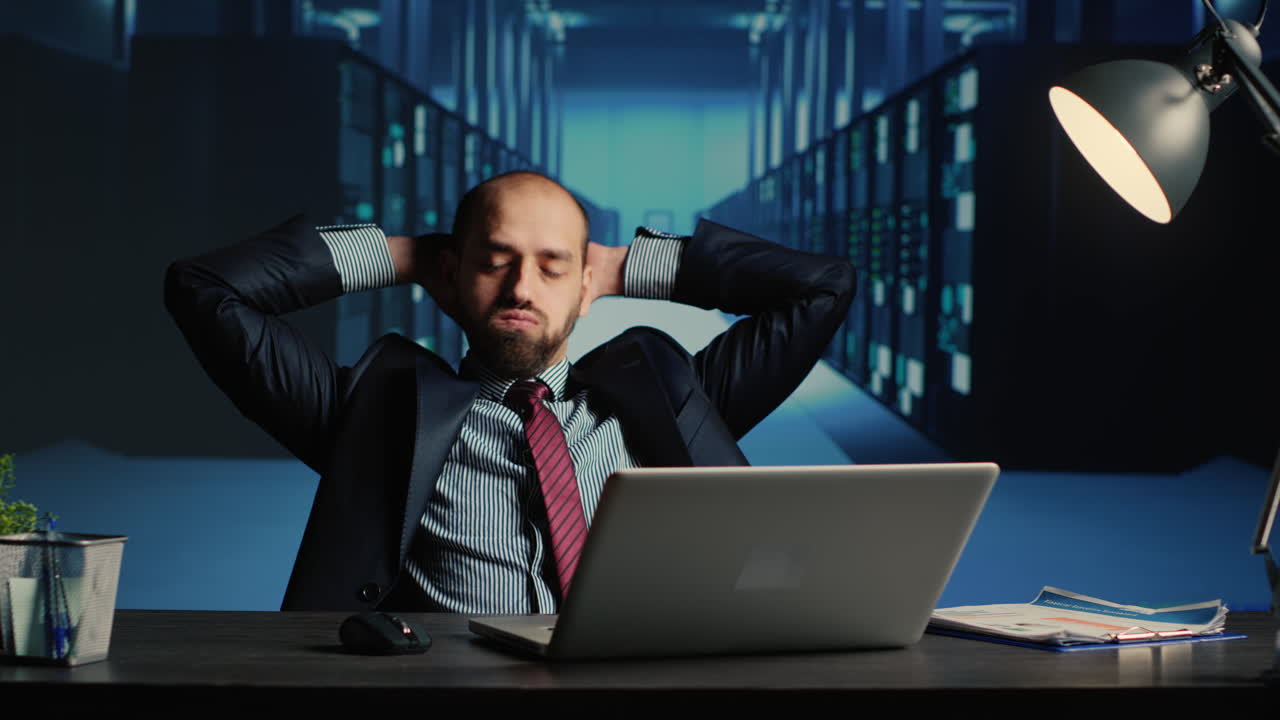 Data center technician feeling tired working in server room