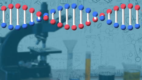 estructura del adn girando sobre el microscopio contra estructuras químicas en un fondo blanco