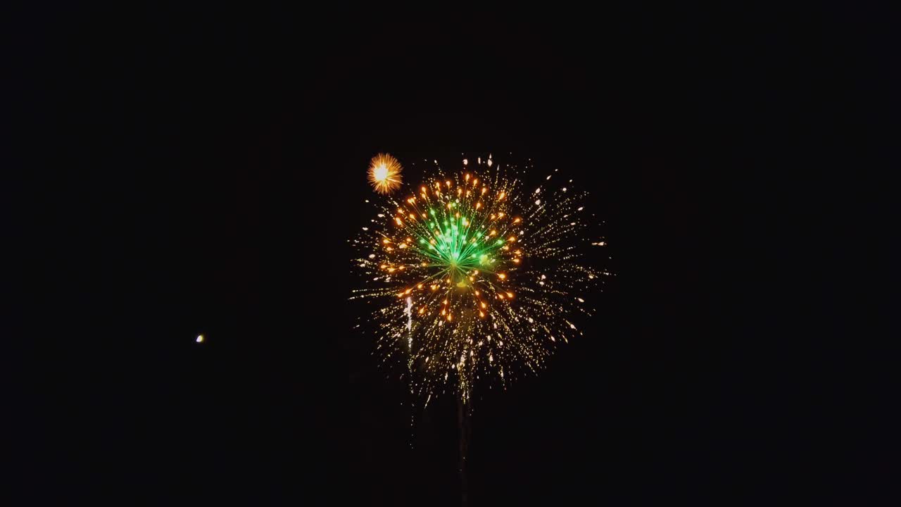 Fuochi d'artificio luminosi esplodono in un cielo scuro, mostrando colori e motivi vivaci. Questa celebrazione annuale attrae famiglie e amici riuniti per godersi lo spettacolare spettacolo di luci e suoni.