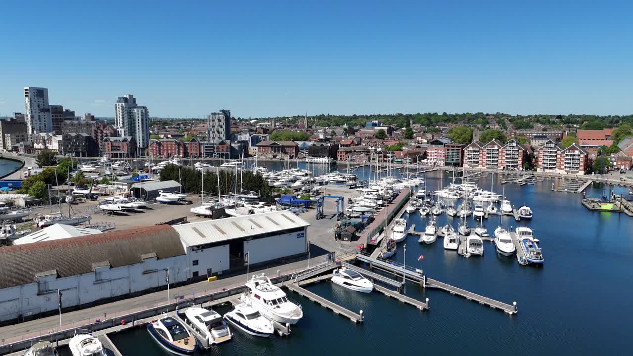 Boats and Yachts moored at Ipswich Port marina and town Suffolk UK aerial
