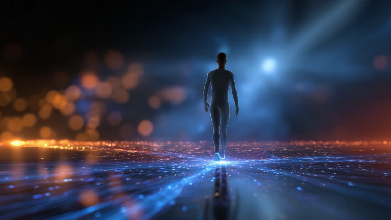Una figura cammina verso una luce intensa, circondata da particelle fluenti, creando un'atmosfera surreale che simboleggia viaggio, speranza ed esplorazione in un paesaggio digitale.