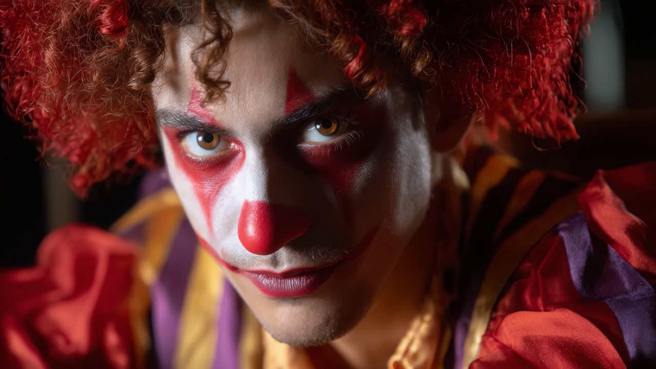 A Close-Up Portrait of a Colorful Clown with Vibrant Makeup and a Mischievous Expression, Captured in Dramatic Lighting, Evoking a Sense of Playfulness and Intrigue