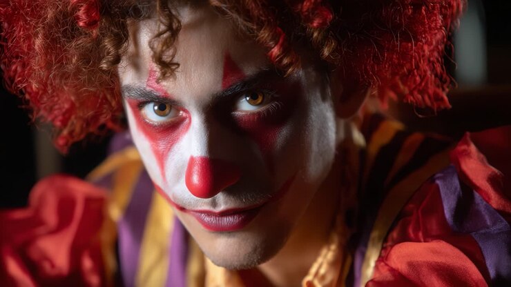 Primo piano di un clown colorato con trucco vivace ed espressione maliziosa, catturato in un'illuminazione drammatica, che evoca un senso di giocosità e mistero