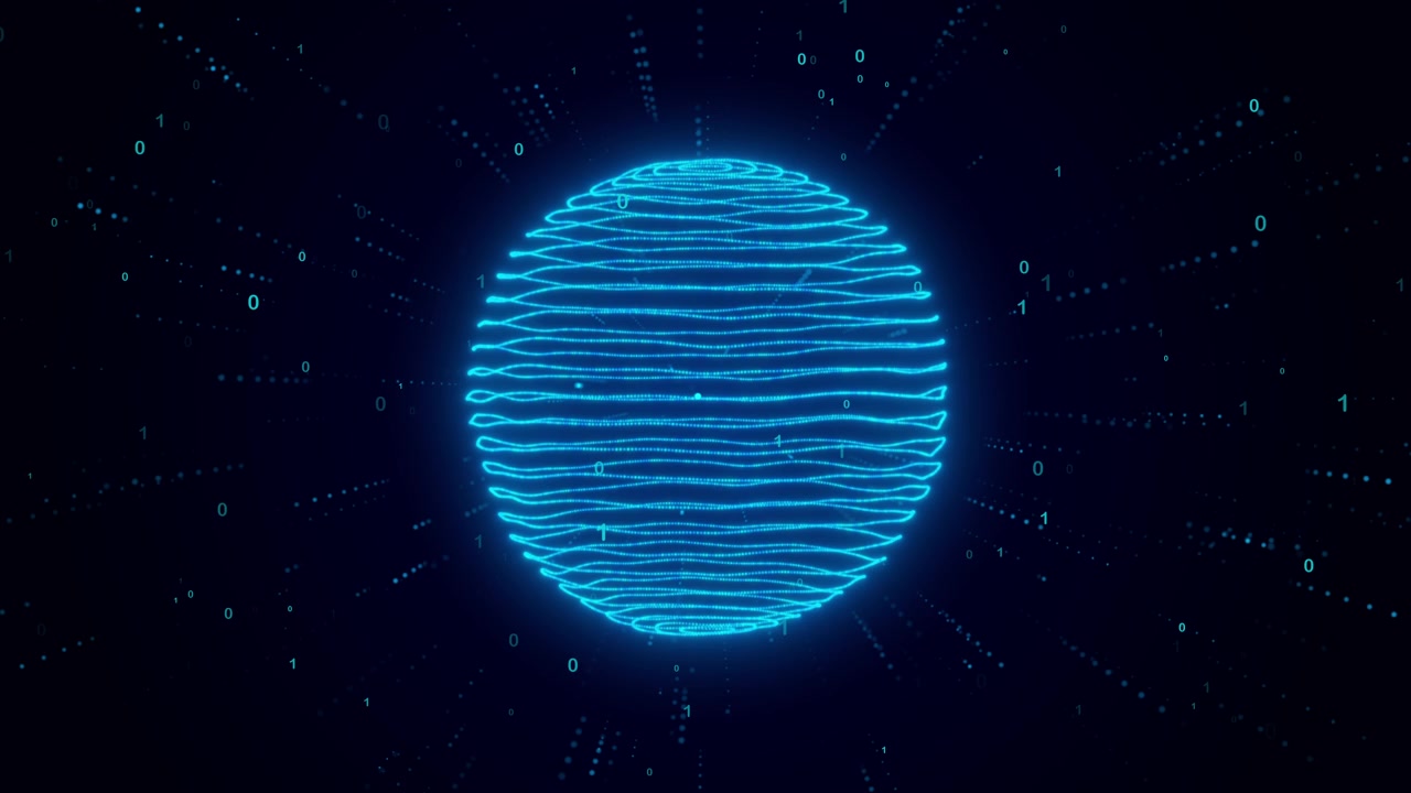 Digital Glowing Blue Sphere with Floating Binary Code Data