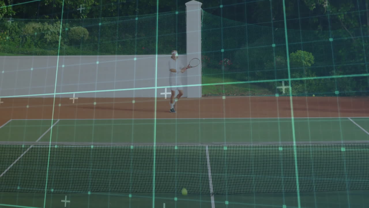 male tennis player returning ball on outdoor fitness court, featuring animated trajectory graph