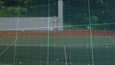 male tennis player returning ball on outdoor fitness court, featuring animated trajectory graph