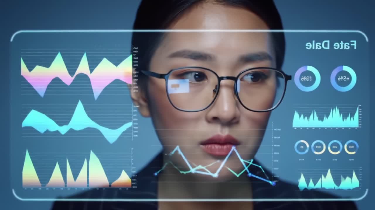 Analyzing Complex Data Visualizations: A Focused Individual Deciphers Financial Trends and Insights Through Advanced Graphs on a Transparent Display