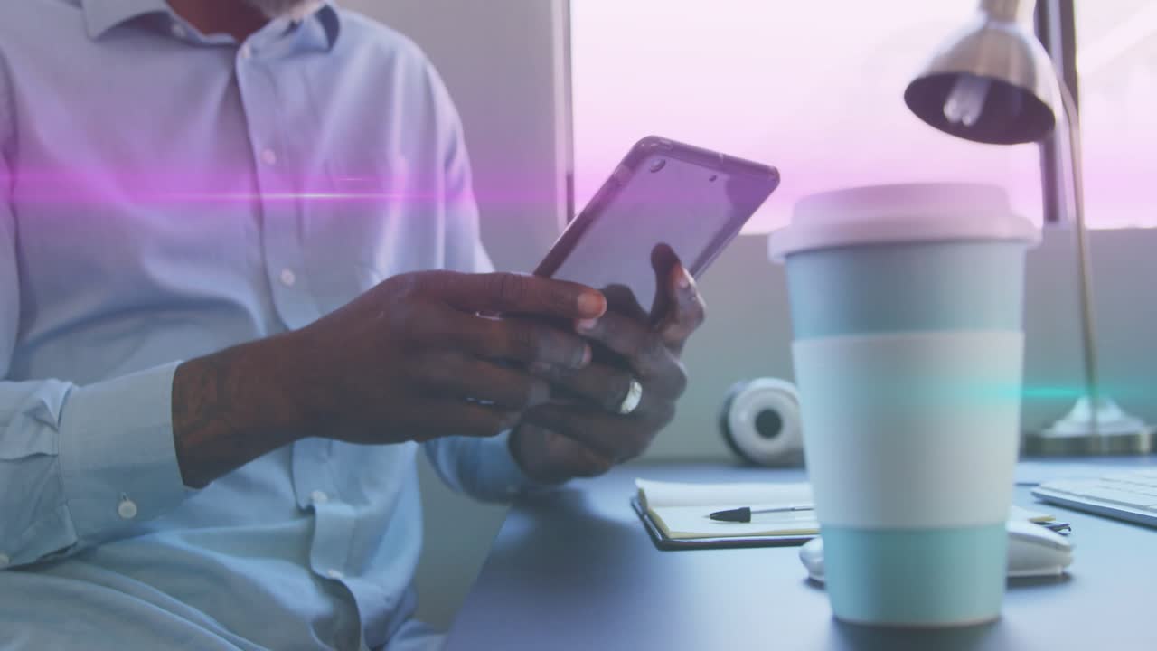 Office pro gripping smartphone on tech demo, navigating menus with taps while magenta light pulsing