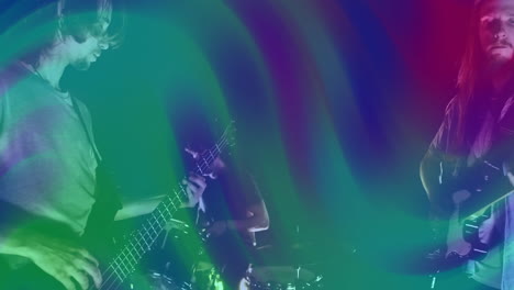 band performing on stage with colored spotlights, featuring animated music notes and equalizer bars