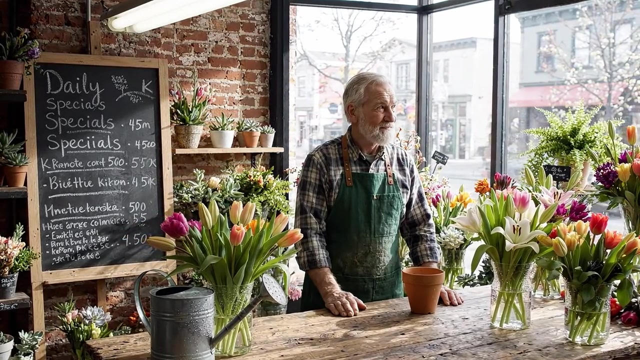 Eine freundliche Floristin im Gespräch mit Kunden in einem hellen Blumengeschäft, gefüllt mit frischen Blüten und wunderschönen Arrangements, in einer gemütlichen, einladenden Atmosphäre.