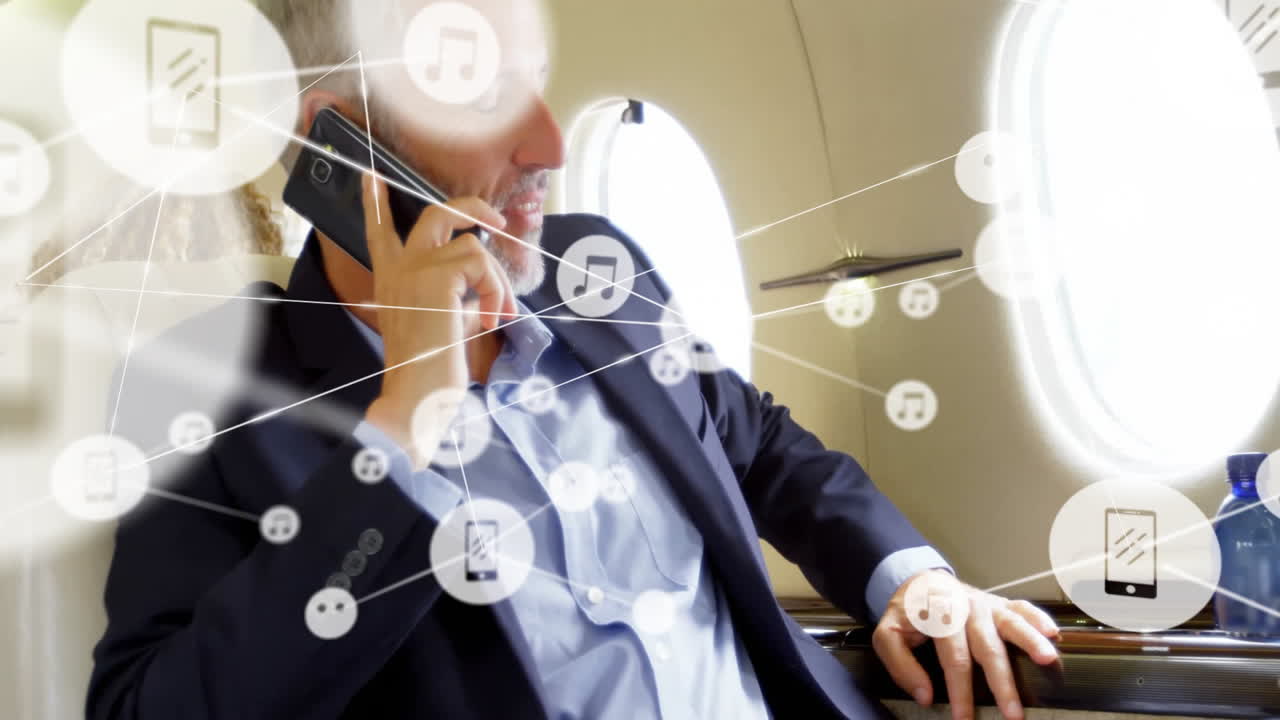 Business CEO speaking on smartphone in private jet, with digital music phone icons overlaying cabin