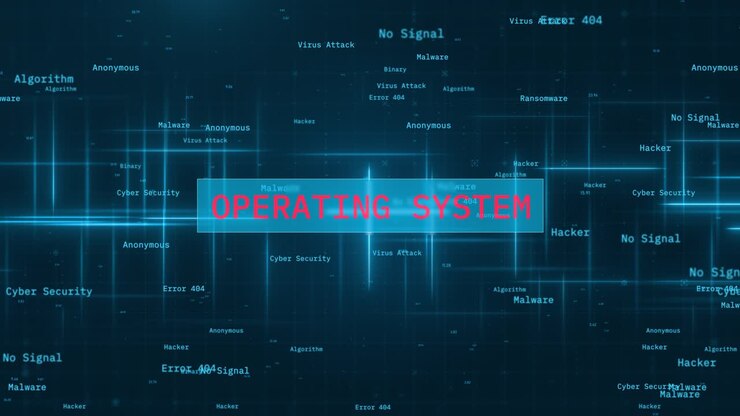 Operativsystemtekst afsløret over glødende linjer i computersoftware animationsbaggrund