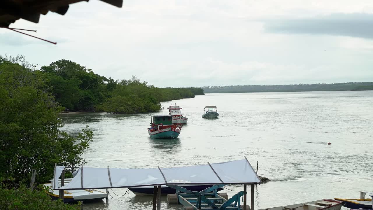 Right panning shot revealing small fishing boats anchored at the old rustic Tibau do Sul port on the Guara&iacute;ras Lagoon covered in green bushes in Rio Grande do Norte Brazil during a summer overcast day