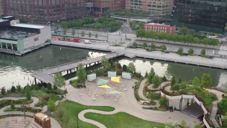 An-aerial-view-over-Manhattan's-Little-Island,-a-public-green-space-taken-early-in-the-morning