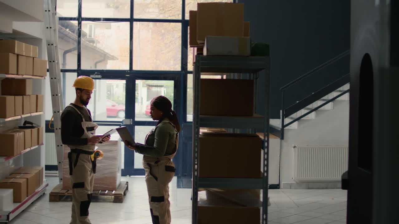 Warehouse workers inspecting inventory with clipboard and laptop