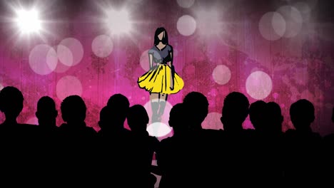 animation of fashion drawing of model on catwalk at fashion show, on pink background