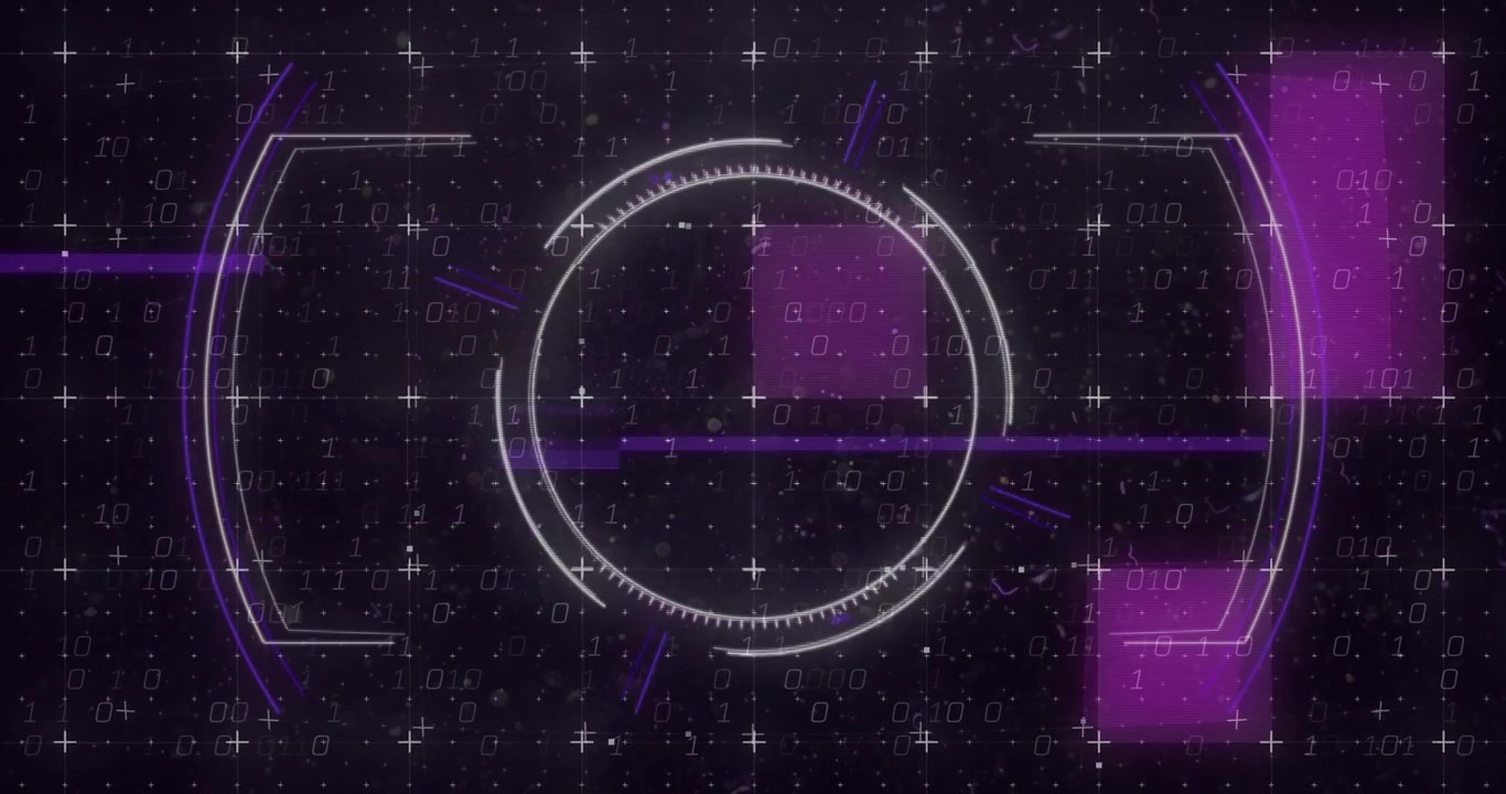 HUD appearing, rotating rings, sliding glitch bars, sweeping scan line, fading for visualizing data