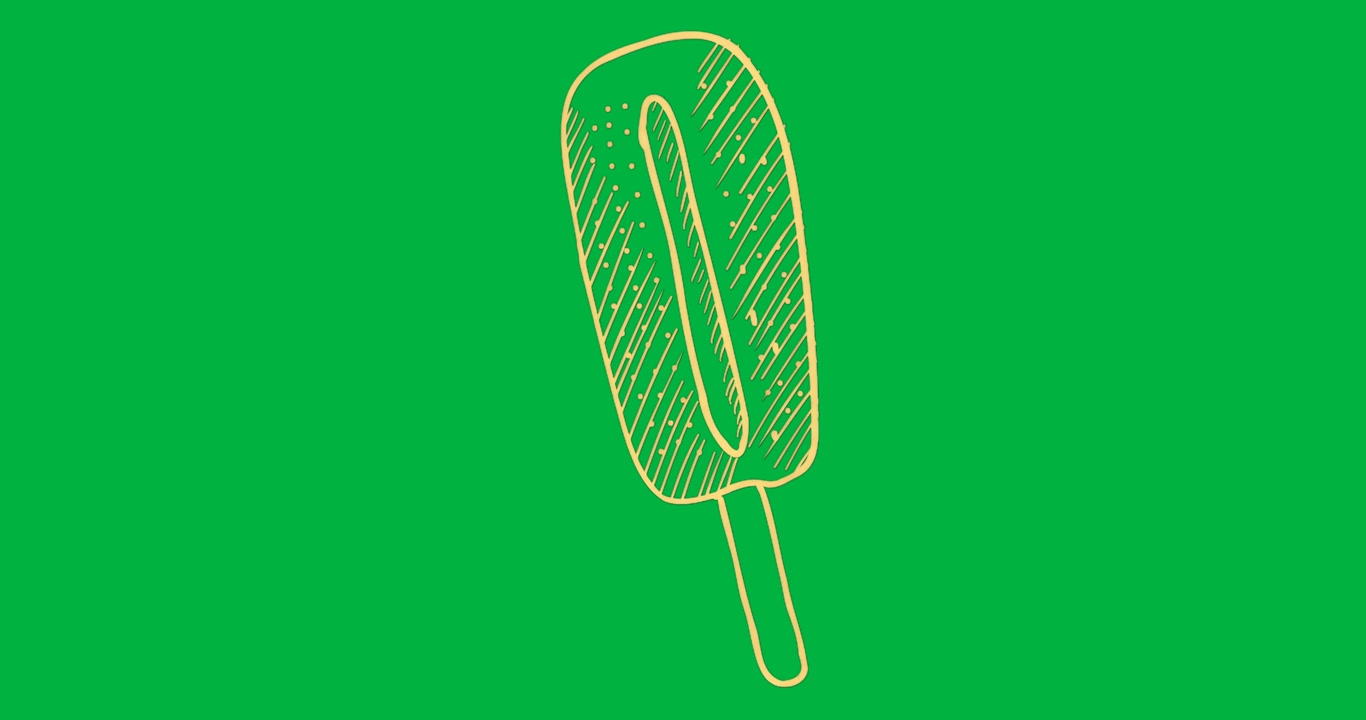Designer che posiziona un ghiacciolo giallo in stile line-art su sfondo trasparente, mostrando dettagli tratteggiati e puntinati.
