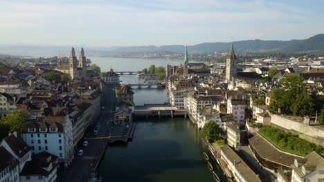 aerial flight over zurich's iconic old town neighborhood