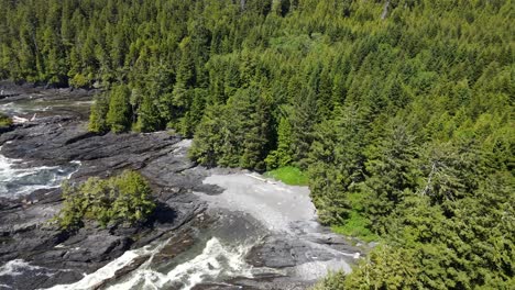 Aerial-4k-footage-of-botany-bay-on-Vancouver-Island's-wild-west-coast-during-sunny-spring-day