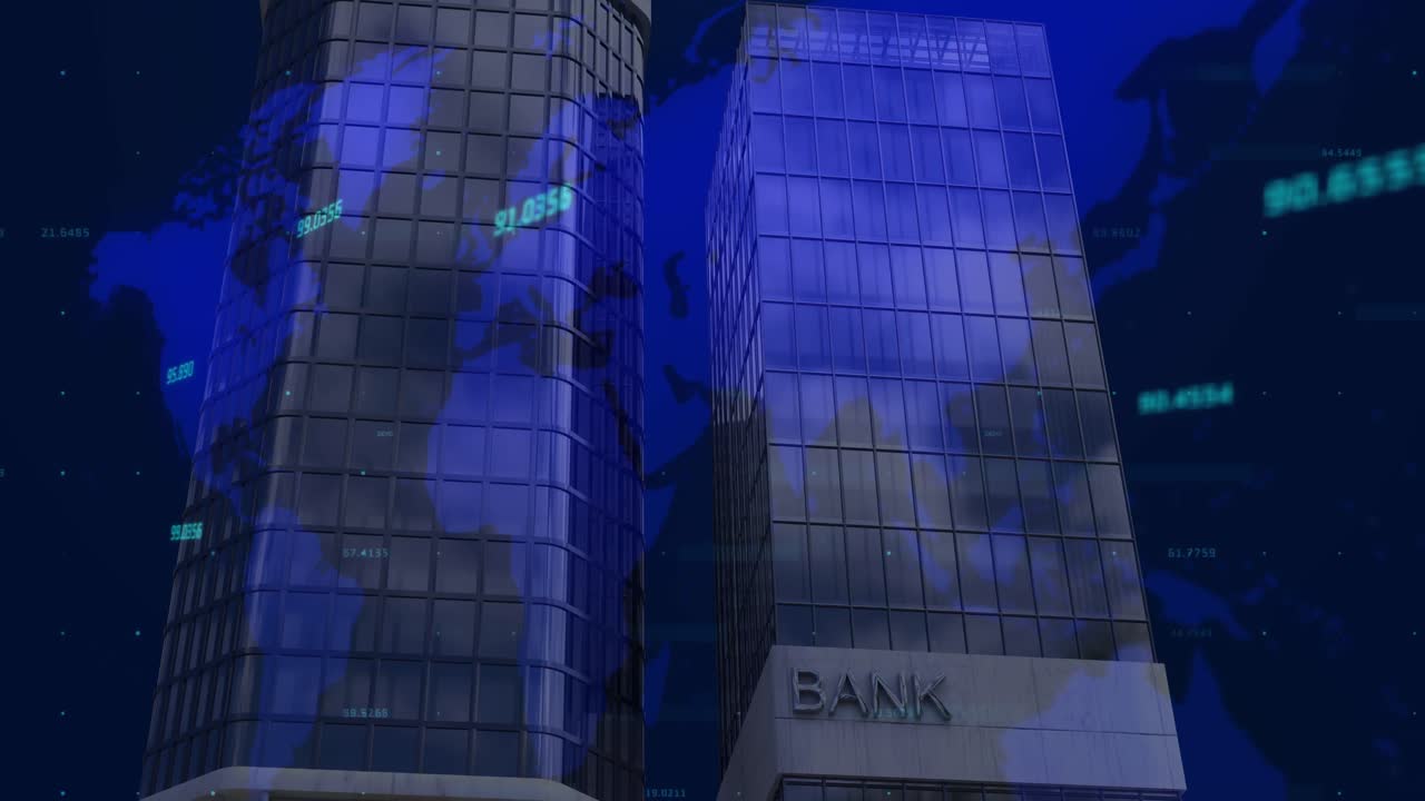 Animation of financial data processing over modern bank building