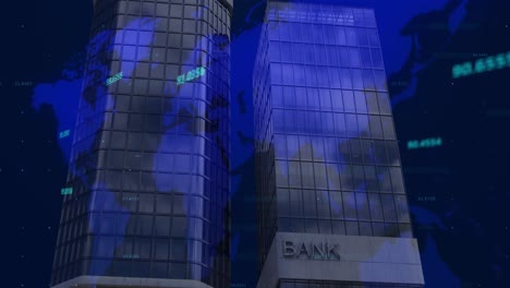 animation of financial data processing over modern bank building