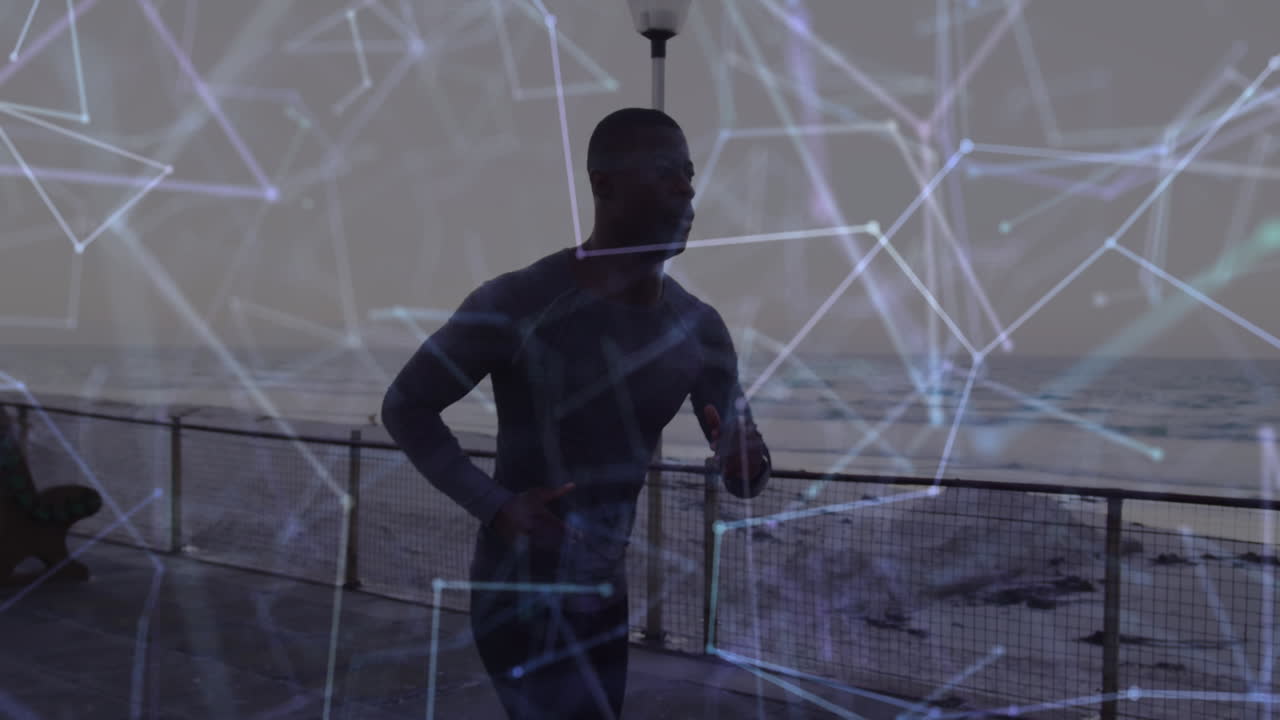 Animation of network of connections over a running african american man