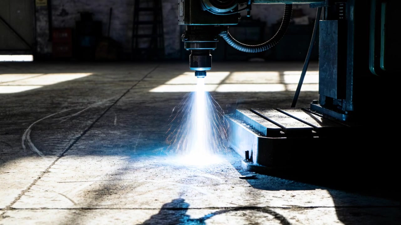 Lowering CNC cutting head igniting bright blue plasma arc on factory floor, cutting metal