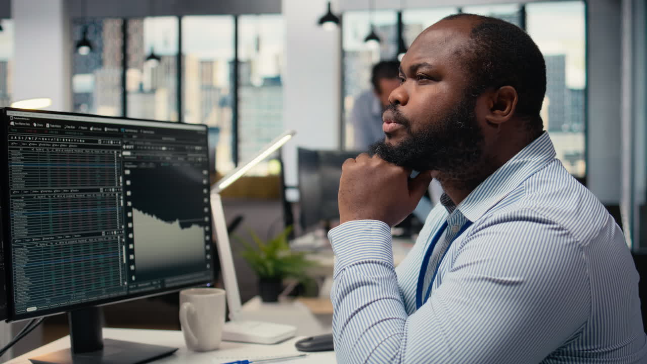 Close up of trader daydreaming, visualizing becoming rich on stock market