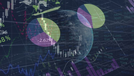 Financial-and-statistical-data-processing-over-spinning-globe-against-blue-background