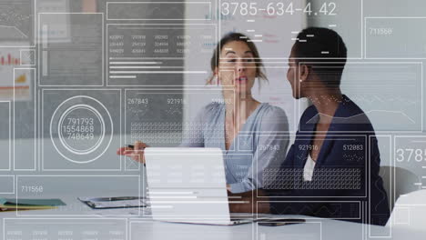 Animation of data processing over diverse business people in office