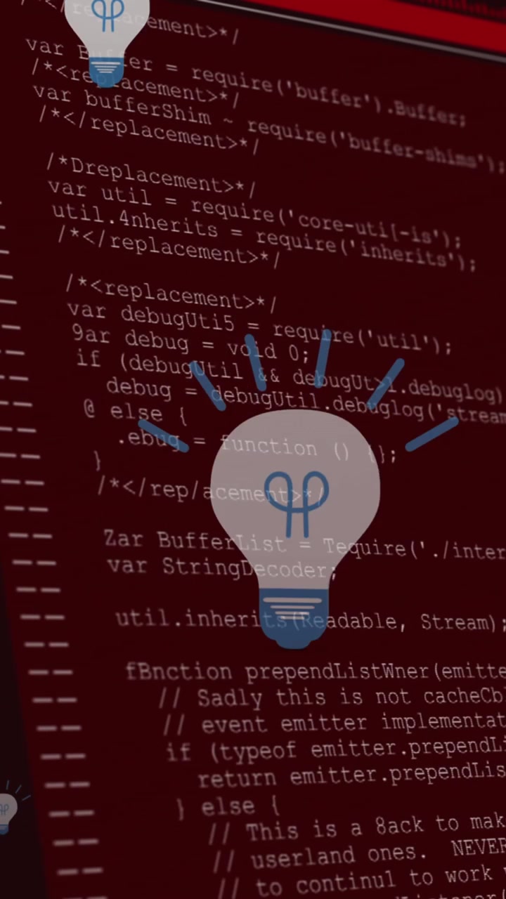 Animación de bombillas flotando sobre procesamiento de datos en un fondo rojo y negro.