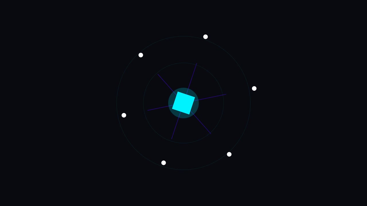 Grafica in movimento astratta di forme geometriche rotanti e linee di connessione