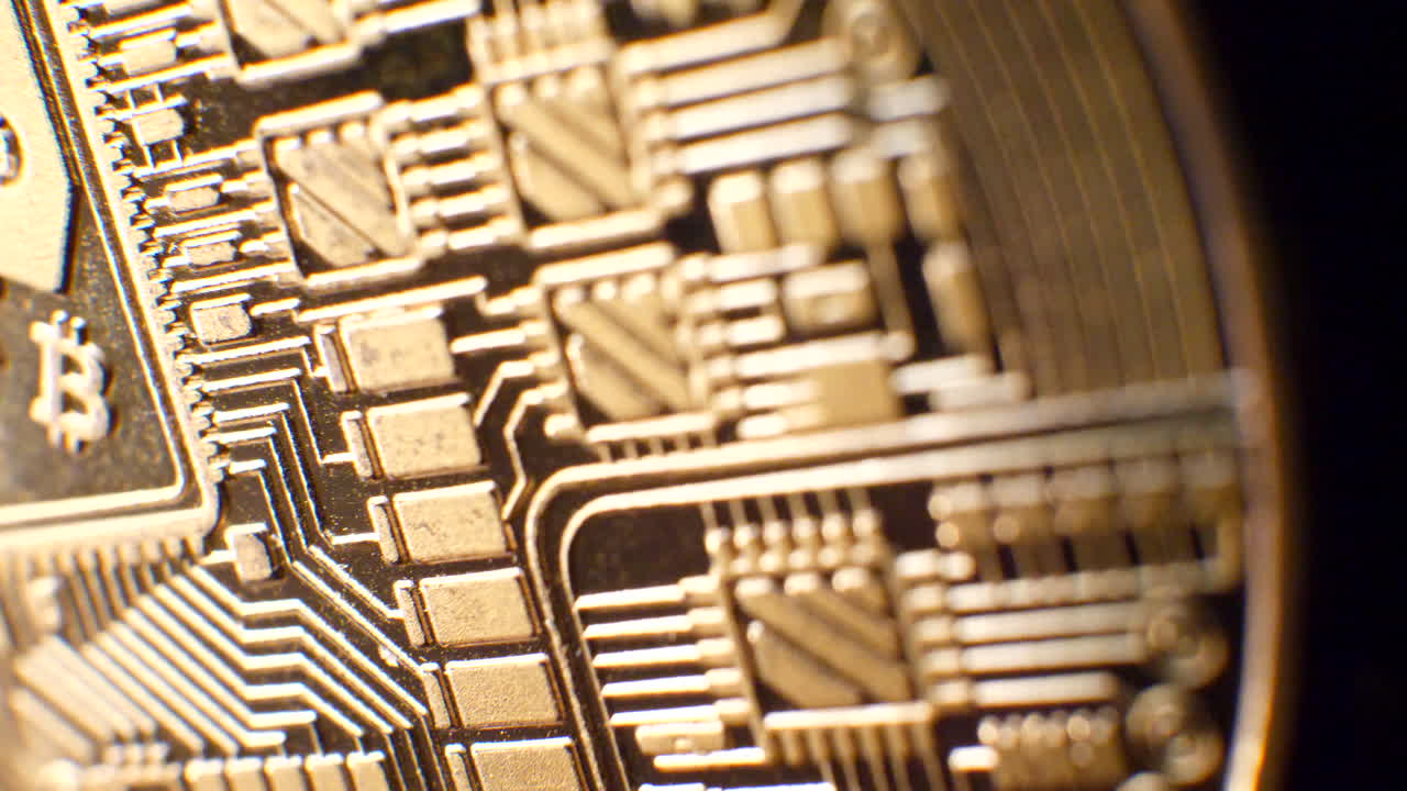 cerca de una criptomoneda bitcoin con un emblema de minería en la moneda digital con circuitos de encriptación