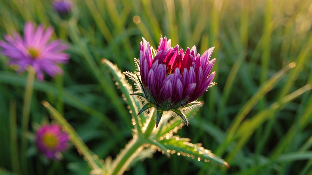 Time-lapse av en lilla blomsterknopp som åpner seg i gyllent sollys.