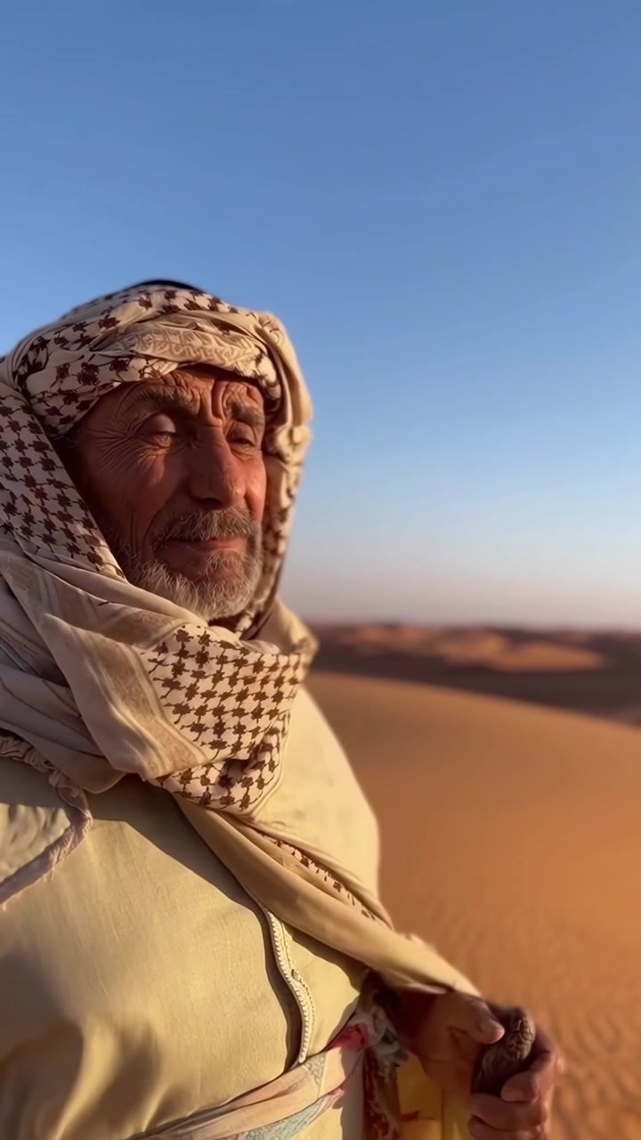 Ritratto di un anziano uomo arabo in abiti tradizionali nel deserto