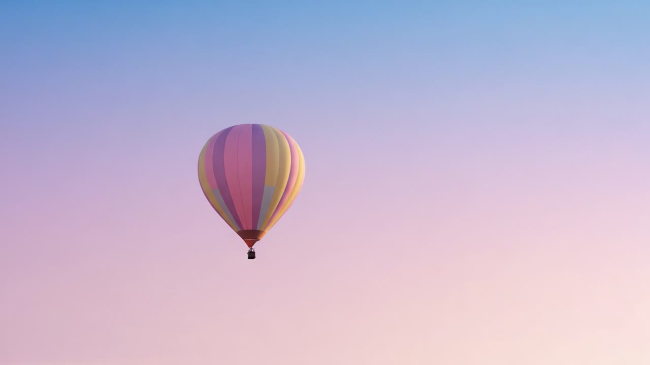 Una bellissima mongolfiera che scivola attraverso un cielo mattutino limpido con tenui colori pastello su uno sfondo tranquillo, rappresentando libertà e avventura.