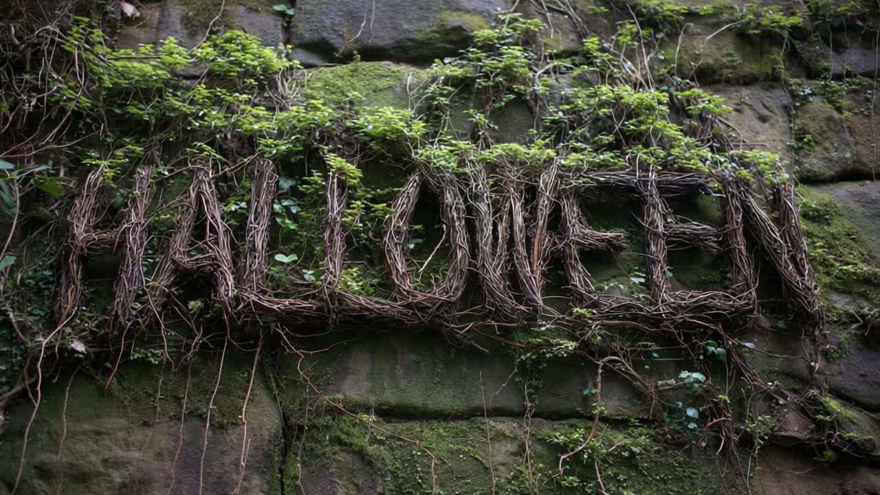 Spooky Halloween word written with tangled twigs and growing vines on an old, mossy stone wall, creating a creepy and mysterious atmosphere perfect for the holiday celebration