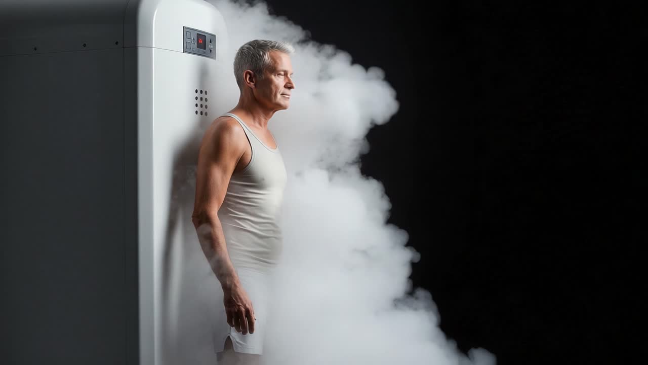 Man Engaged in Cold Therapy Session, Standing Still in a Cryogenic Chamber Surrounded by Billowing Clouds of Vapor for Recovery and Relaxation