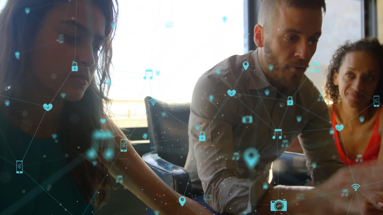 Animation of network of connections over man using smartphone