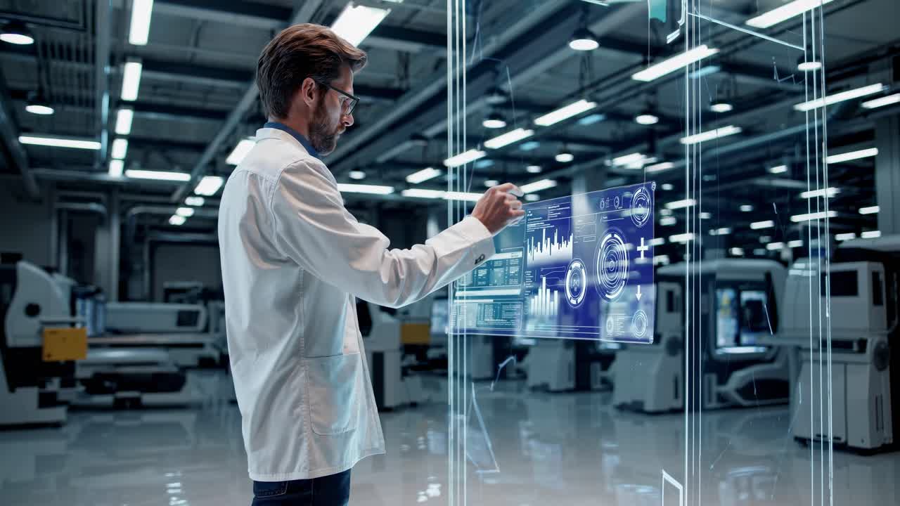 Futuristic lab scene with a man interacting with a holographic interface