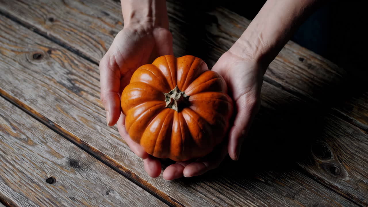 Hands holding a small orange pumpkin on a rustic wooden table