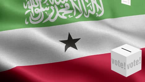 las papeletas de votación vuelan a la caja para la selección de somolilandia - caja de votación frente a la bandera - elección - voto - bandera de somalilandia - bandera de somalilandia de alto detalle - bandera nacional somalilandía patrón de ondas elementos loopable